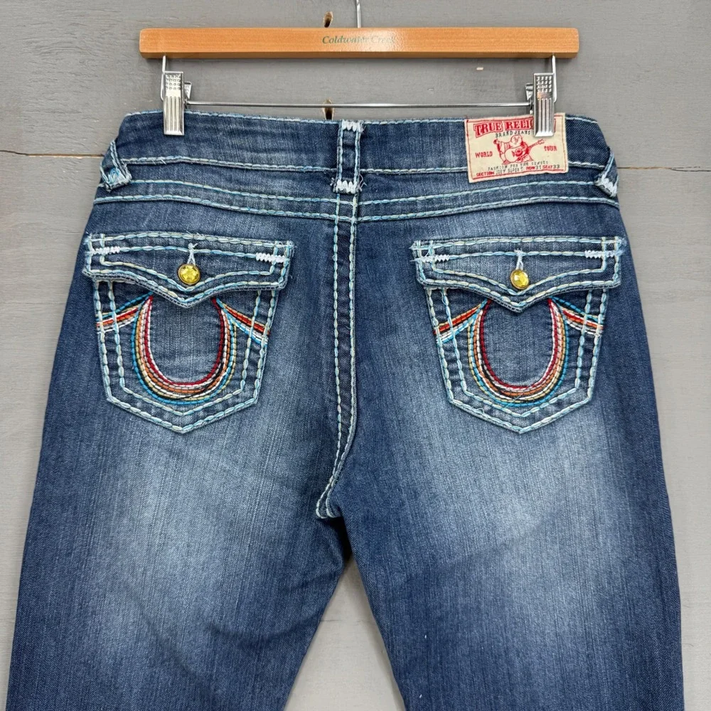 True Religion Joey Super T Jeans Blue Contrast Stitch Low Rise Boot Cut 31 x 31